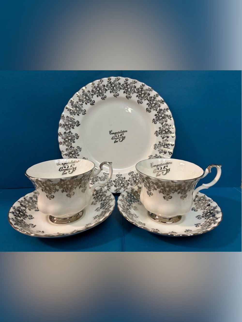 Royal Albert Silver 25th Anniversary Tea for Two Set, Tea Cups and Plate